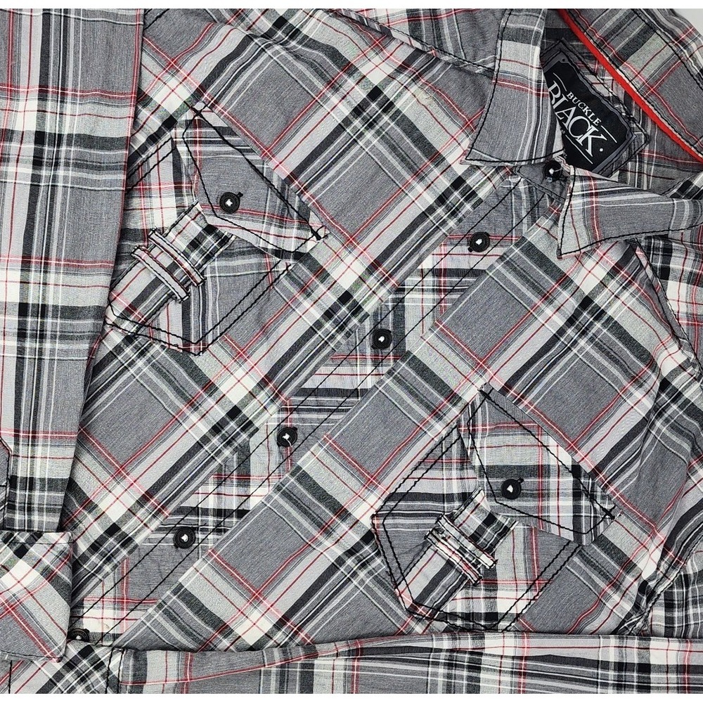 Buckle Black Long Sleeve Button Up‎ Shirt Mens XL Gray Plaid Athletic Fit EUC